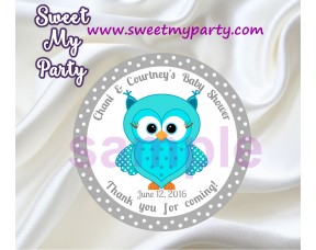 Turquoise Owl Baby Shower stickers,Turquoise Owl Baby Shower thank you tags,(001)